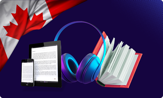 Headphones, tablet, phone and open book in front of the Canadian flag