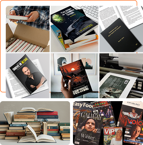 Collage of printed books, magazines and book proofs