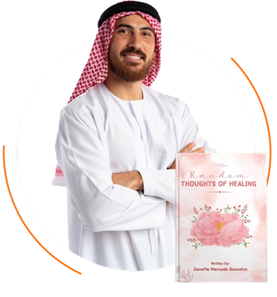 Emirati author holding his published book Random Thoughts of Healing