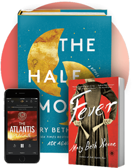 The Half Moon and Fever hardcover books with The Atlantis Plague audiobook on a phone