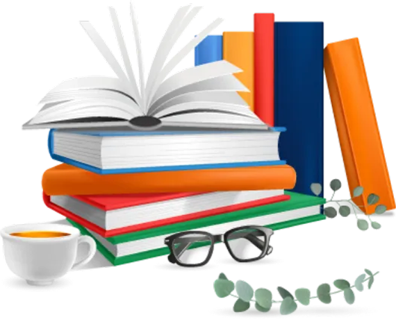 Stack of books with reading glasses and a cup of tea