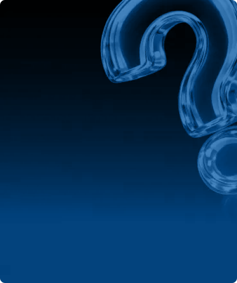 Glossy blue question mark on a dark gradient background